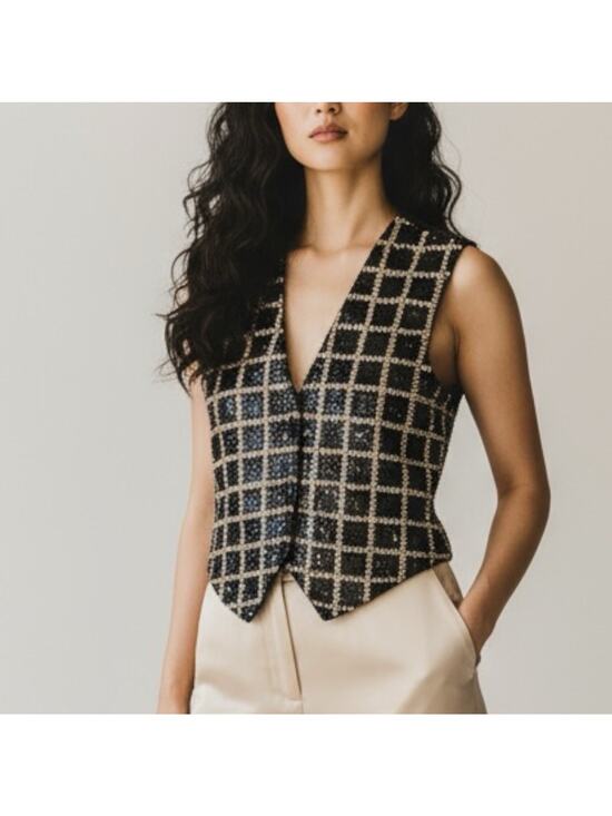 Theo Jackets & Blazers - Vintage Theo Black Gold Sequin Beaded Vest Women’s M Holiday Party Top